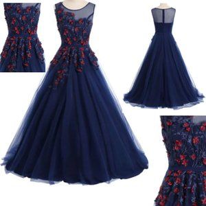 #10 - PURPLISH BLUE Floral Applique Mesh Maxi Prom Evening Graduation Dress